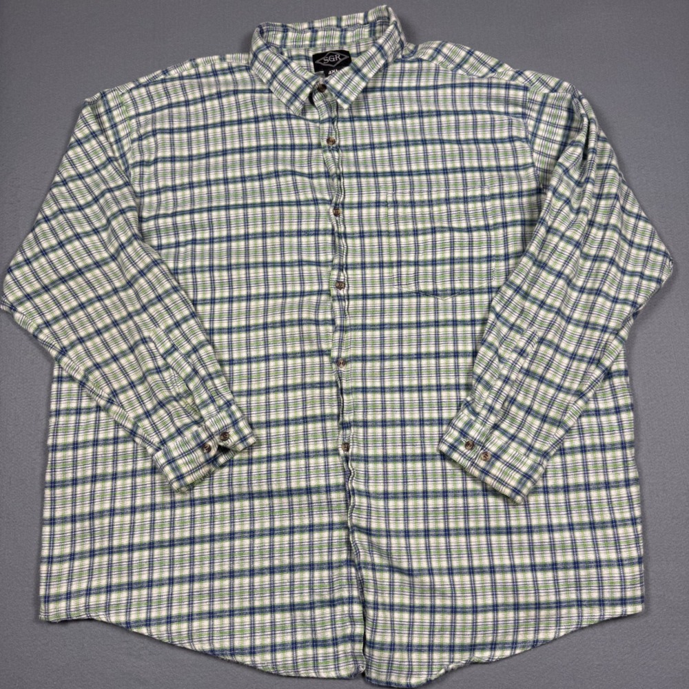 SGR Button Up Shirt Mens 4XL Green Blue White Plaid Cotton Blend Long Sleeve